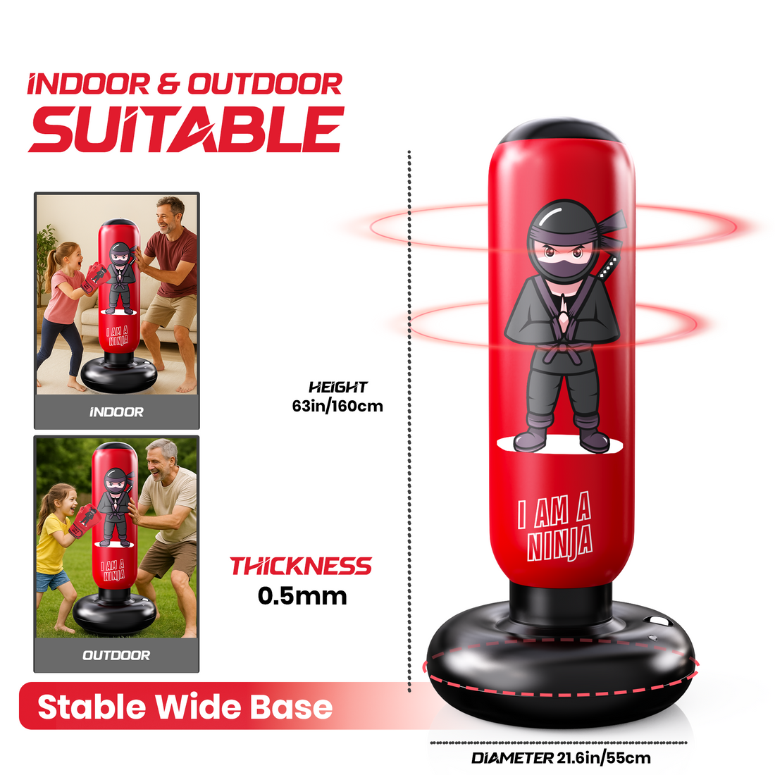 Inflatable Kids Set Punching Bag For Kids Age 3-12 years- 63" Tall With Bounce-Back Action- Matching Gloves and Pump